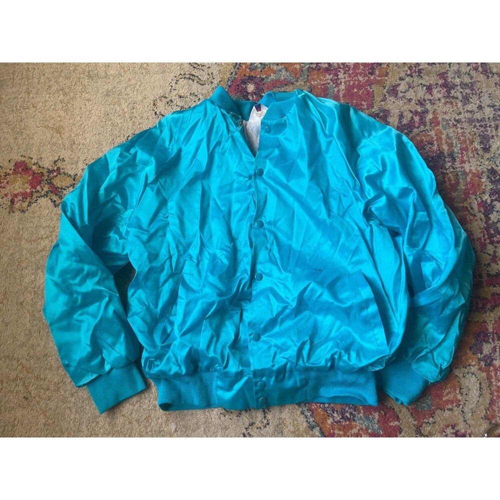 Vintage 80s WestArk Turquoise Satin Bomber Jacket 2XL Rockin Around The Fifties